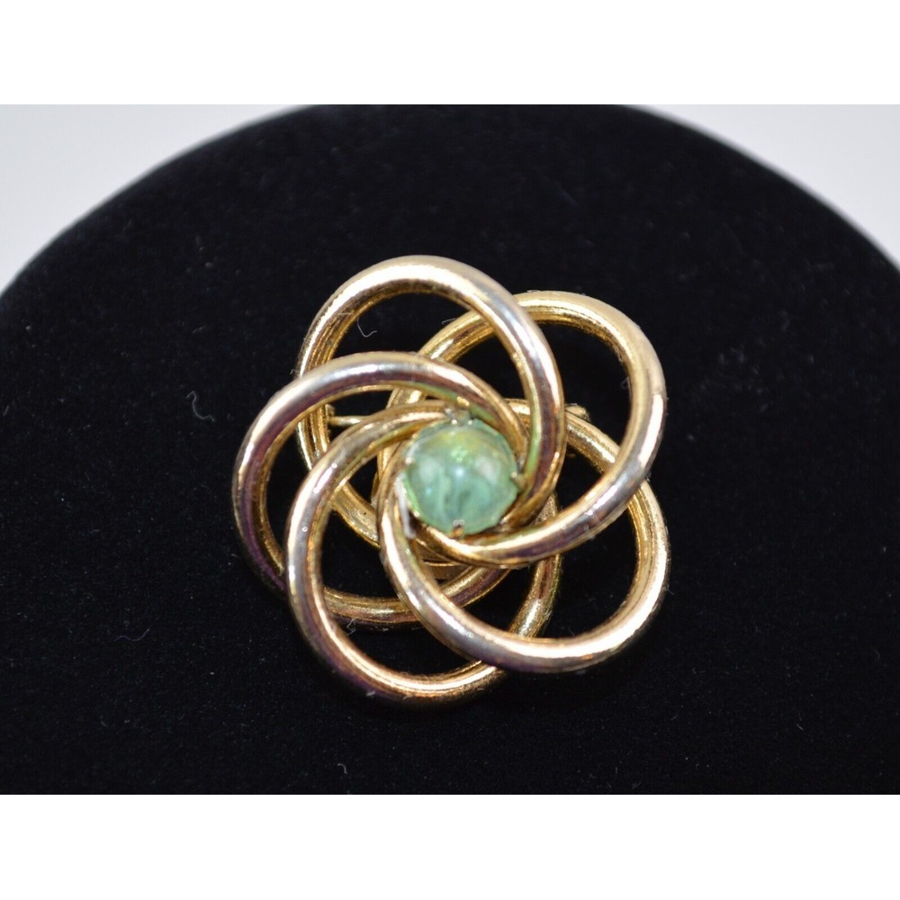 Vintage Gold Tone Brooch Love Knot with Green Stone Center 1.25" Across